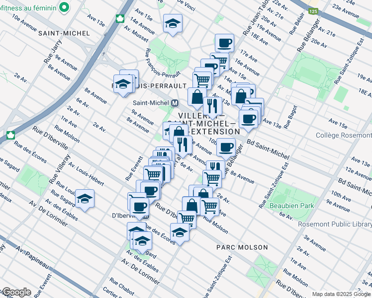 map of restaurants, bars, coffee shops, grocery stores, and more near 7161 8e Avenue in Montréal