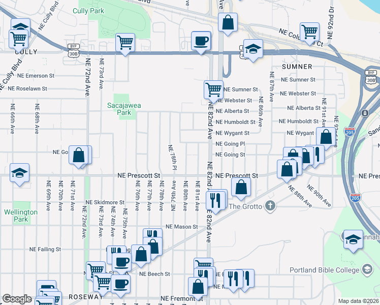 map of restaurants, bars, coffee shops, grocery stores, and more near 4600 Northeast 80th Avenue in Portland