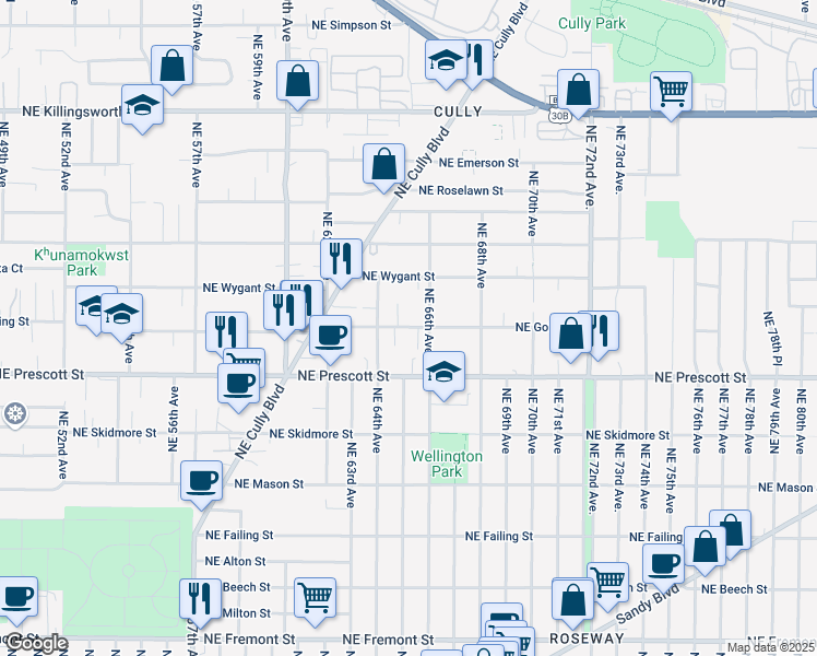 map of restaurants, bars, coffee shops, grocery stores, and more near 6444 Northeast Going Street in Portland