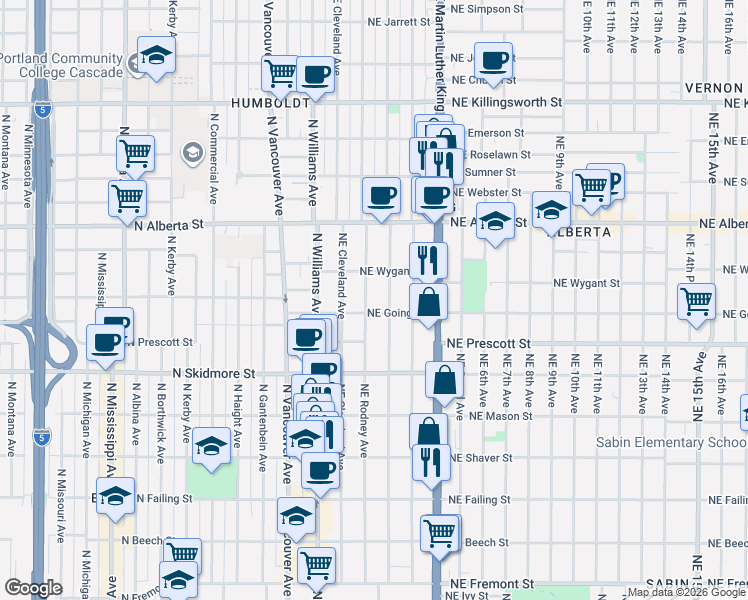map of restaurants, bars, coffee shops, grocery stores, and more near 127 Northeast Going Street in Portland