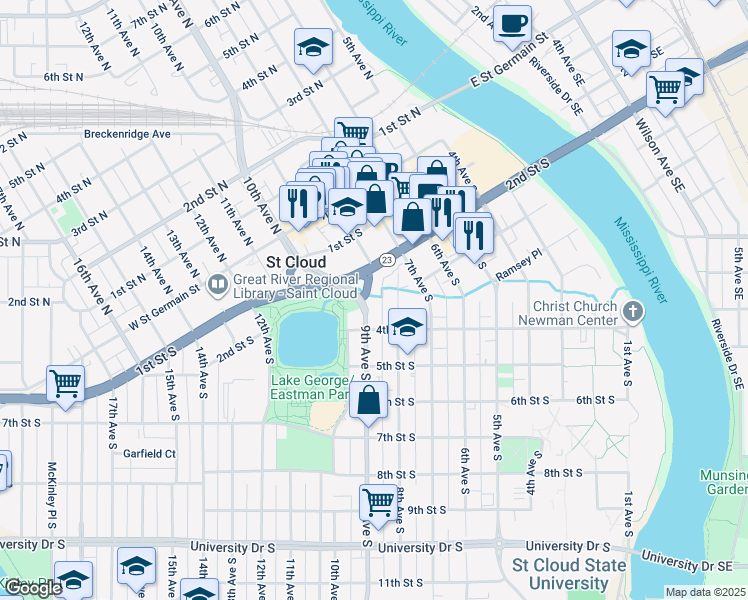map of restaurants, bars, coffee shops, grocery stores, and more near 311 8th Avenue South in St. Cloud