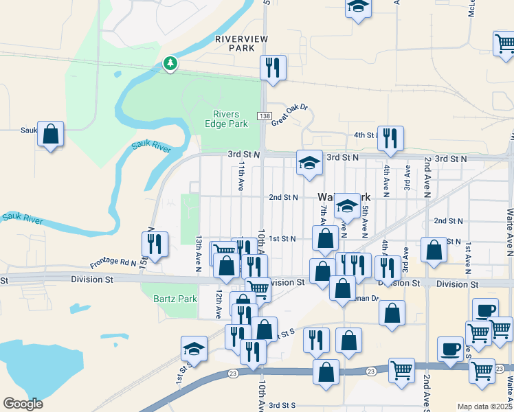 map of restaurants, bars, coffee shops, grocery stores, and more near in Waite Park