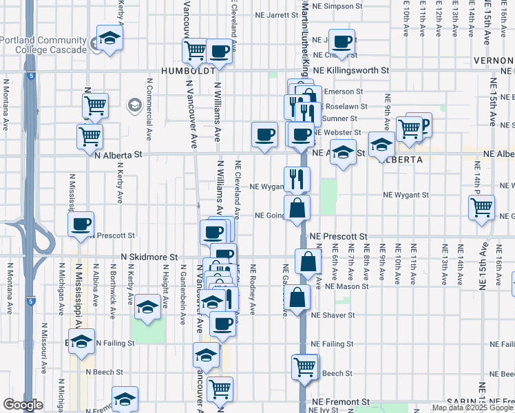 map of restaurants, bars, coffee shops, grocery stores, and more near 4626 Northeast Rodney Avenue in Portland