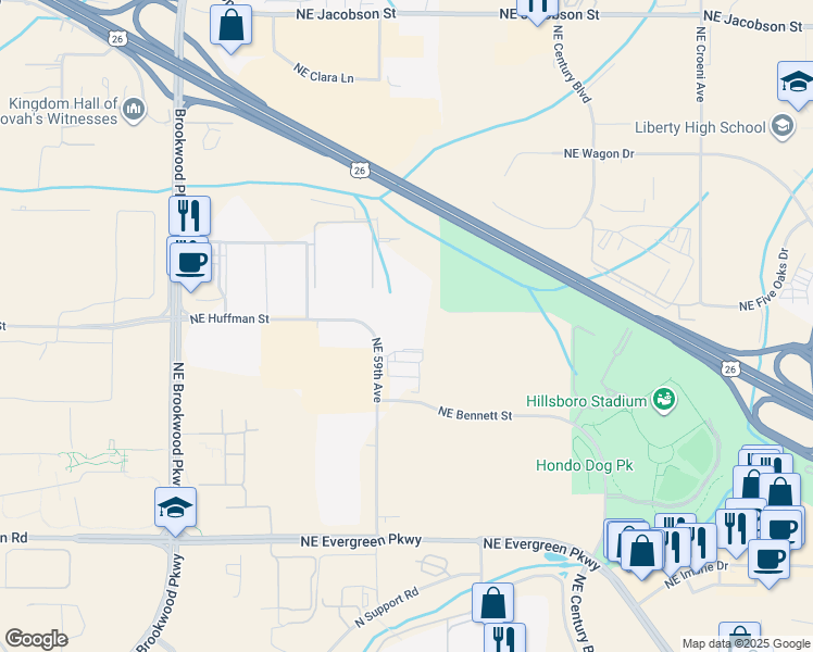 map of restaurants, bars, coffee shops, grocery stores, and more near 5070 Northwest 235th Avenue in Hillsboro