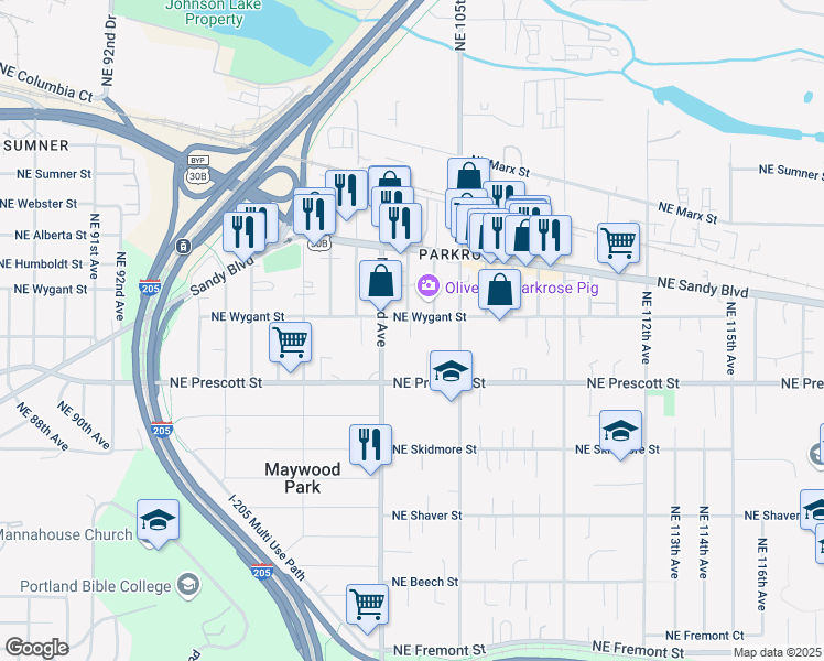 map of restaurants, bars, coffee shops, grocery stores, and more near 10308 Northeast Wygant Street in Portland