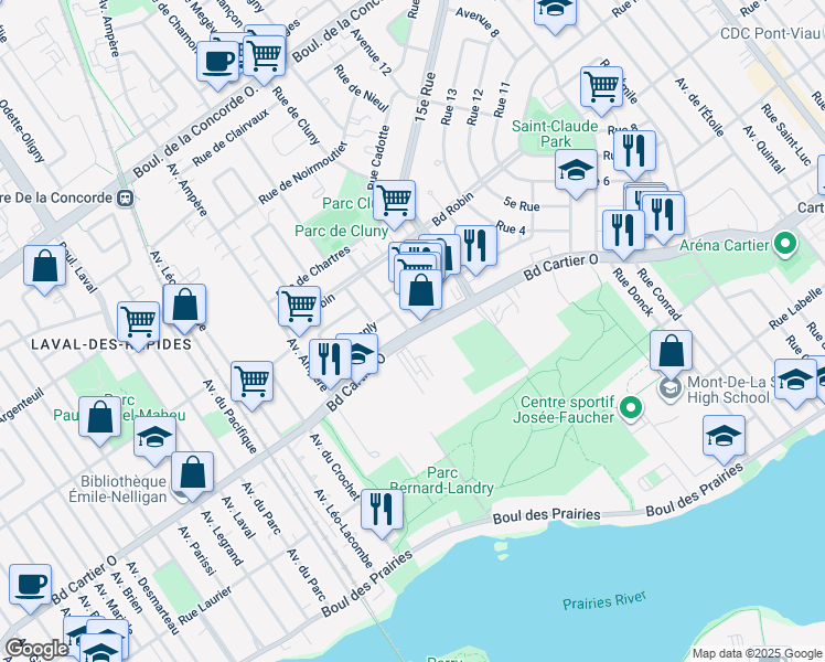 map of restaurants, bars, coffee shops, grocery stores, and more near 307 Boulevard Cartier Ouest in Laval