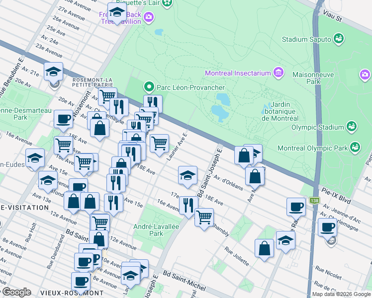 map of restaurants, bars, coffee shops, grocery stores, and more near 5143 Avenue Charlemagne in Montréal