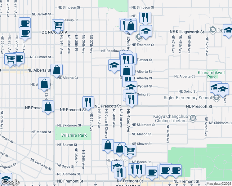 map of restaurants, bars, coffee shops, grocery stores, and more near 4005 Northeast Going Street in Portland