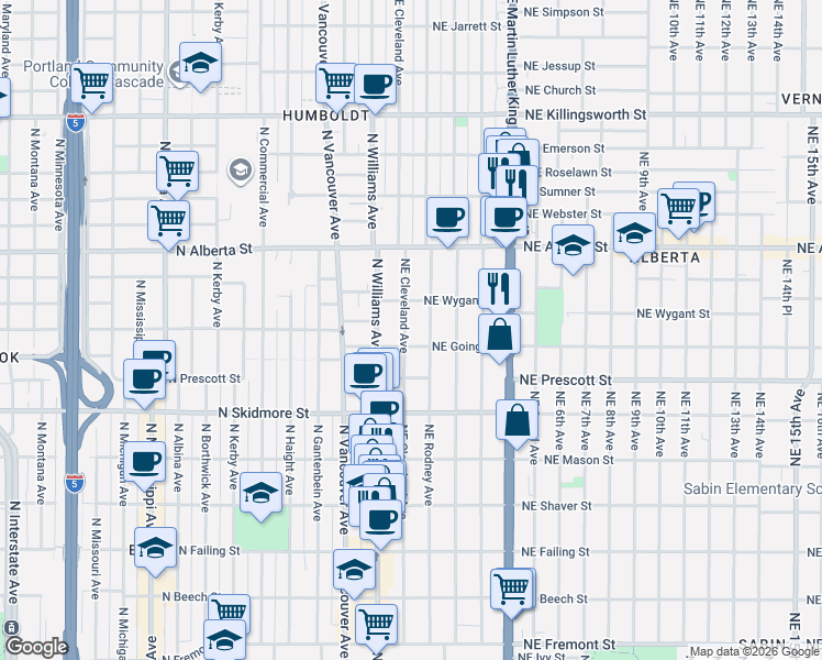 map of restaurants, bars, coffee shops, grocery stores, and more near 4624 Northeast Cleveland Avenue in Portland