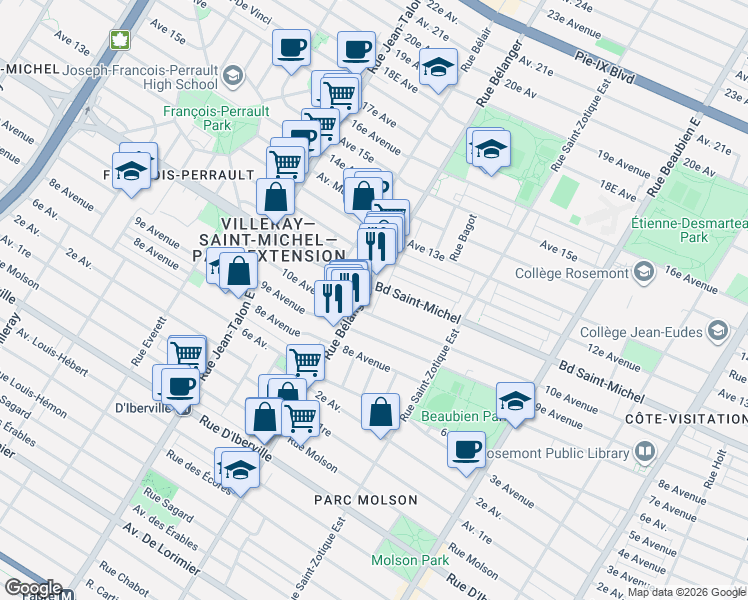 map of restaurants, bars, coffee shops, grocery stores, and more near 3238 Rue Bélanger in Montréal