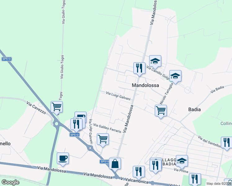 map of restaurants, bars, coffee shops, grocery stores, and more near 14 Via Luigi Galvani in Mandolossa