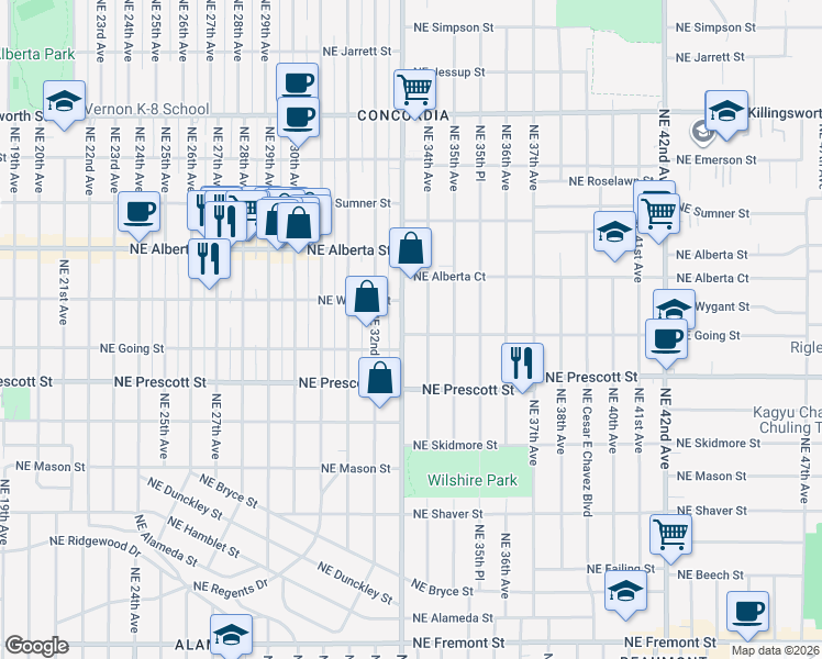 map of restaurants, bars, coffee shops, grocery stores, and more near 3311 Northeast Going Street in Portland