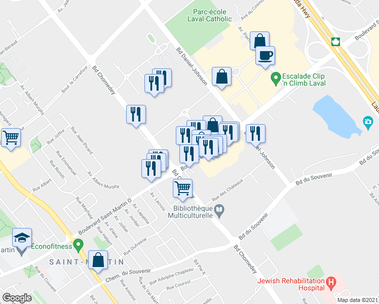 map of restaurants, bars, coffee shops, grocery stores, and more near 3325 Boulevard Saint-Martin Ouest in Laval