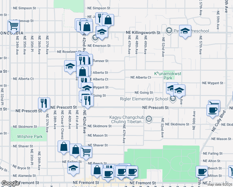 map of restaurants, bars, coffee shops, grocery stores, and more near 4557 Northeast Going Street in Portland