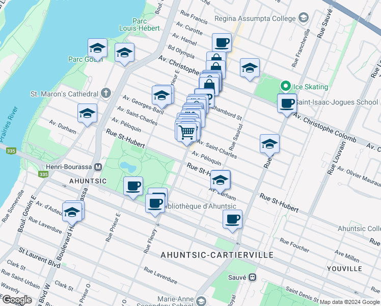 map of restaurants, bars, coffee shops, grocery stores, and more near 10260 Avenue Péloquin in Montréal