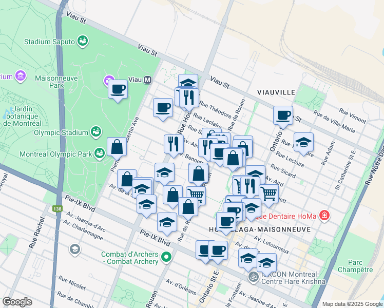 map of restaurants, bars, coffee shops, grocery stores, and more near 2335 Avenue Bennett in Montréal