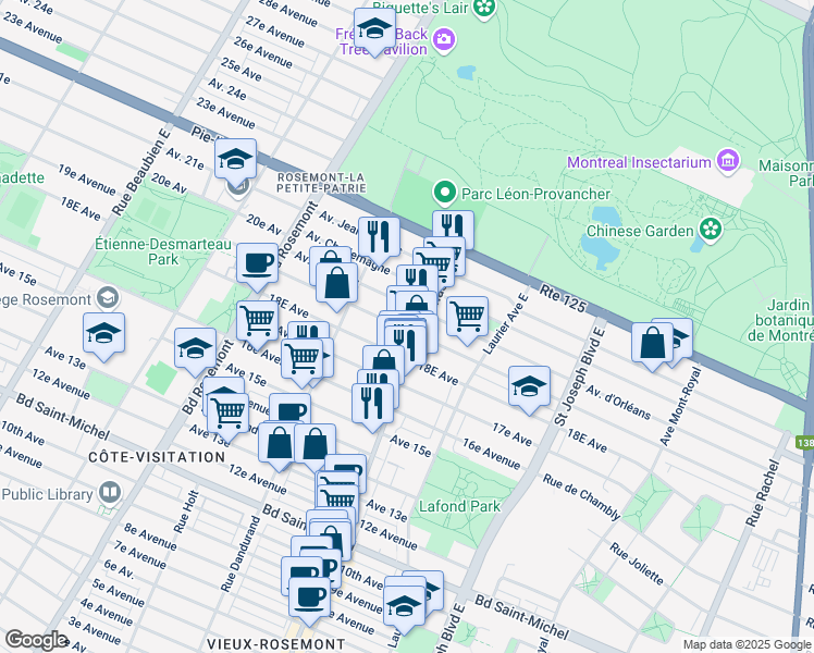 map of restaurants, bars, coffee shops, grocery stores, and more near 5419 Avenue Bourbonnière in Montreal
