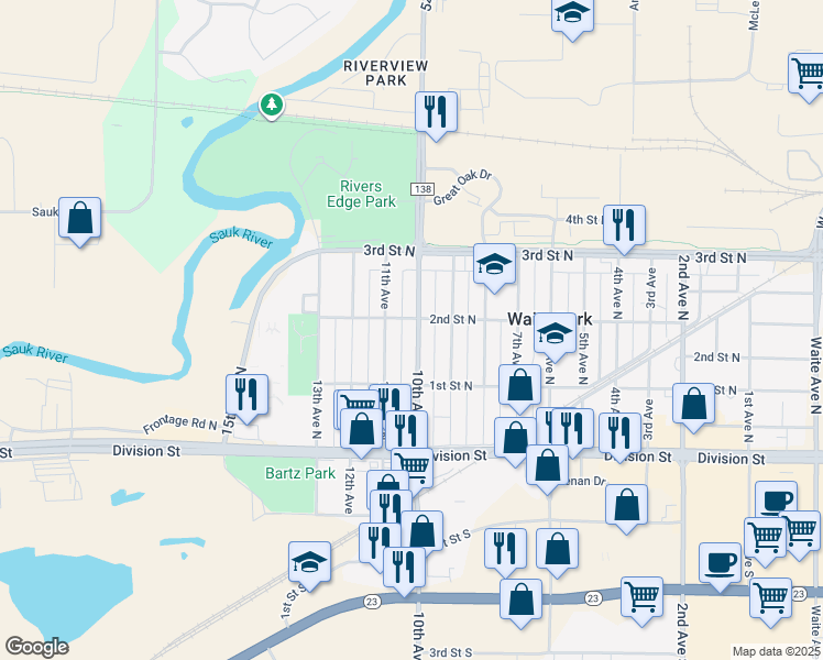 map of restaurants, bars, coffee shops, grocery stores, and more near in Waite Park