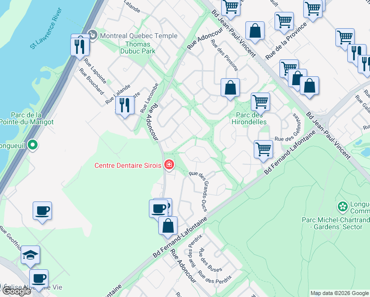 map of restaurants, bars, coffee shops, grocery stores, and more near 842 Rue des Roselins in Longueuil