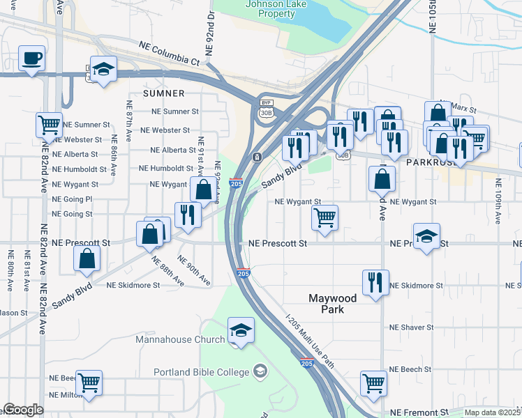 map of restaurants, bars, coffee shops, grocery stores, and more near 4613 Northeast 95th Avenue in Portland