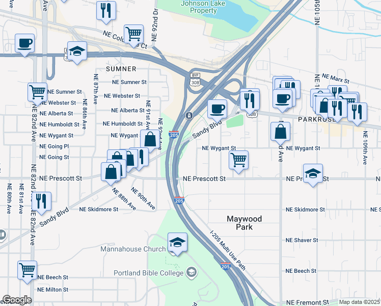 map of restaurants, bars, coffee shops, grocery stores, and more near 4607 Northeast 95th Avenue in Portland