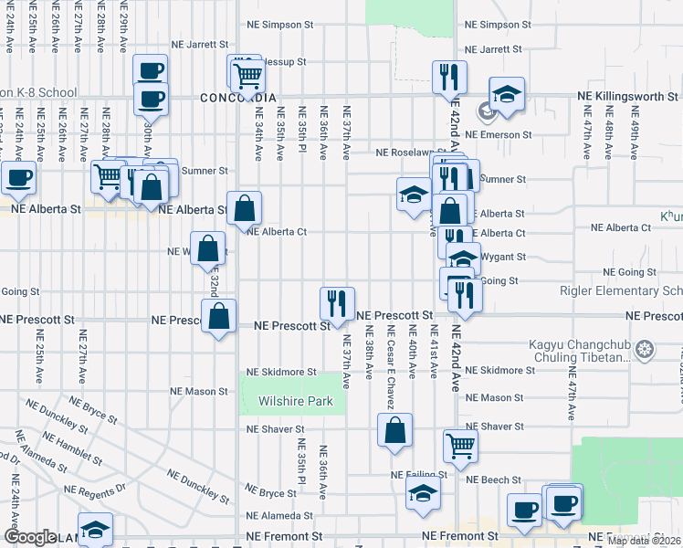 map of restaurants, bars, coffee shops, grocery stores, and more near 3608 Northeast Going Street in Portland