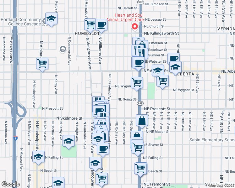map of restaurants, bars, coffee shops, grocery stores, and more near 127 Northeast Going Street in Portland