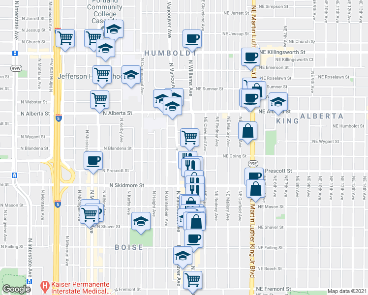 map of restaurants, bars, coffee shops, grocery stores, and more near 9 North Going Street in Portland