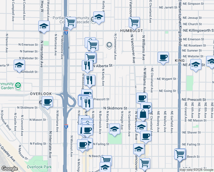 map of restaurants, bars, coffee shops, grocery stores, and more near 4611 North Kerby Avenue in Portland