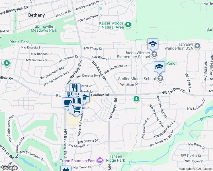map of restaurants, bars, coffee shops, grocery stores, and more near 14830 Northwest Highcroft Court in Portland