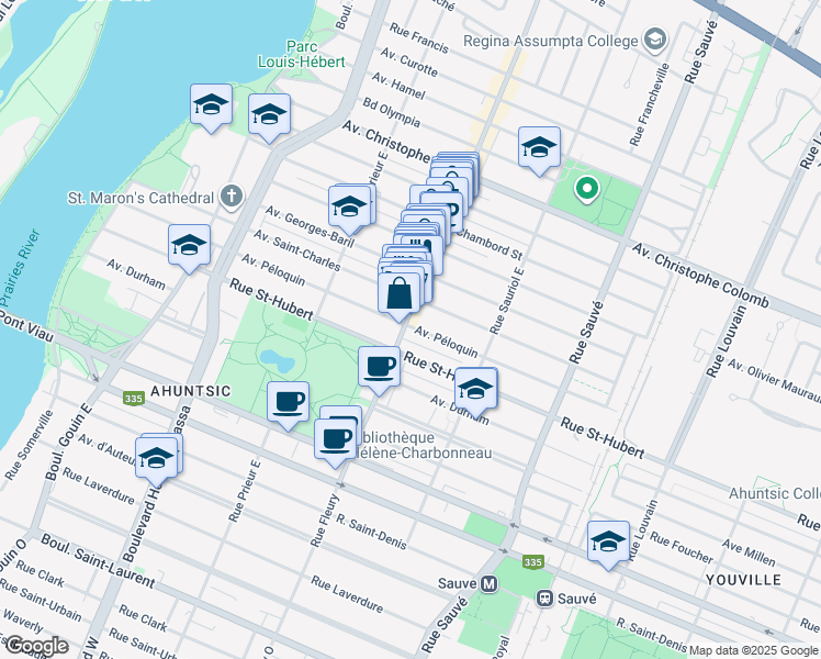 map of restaurants, bars, coffee shops, grocery stores, and more near 10260 Avenue Péloquin in Montréal