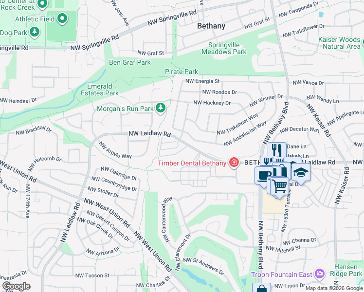 map of restaurants, bars, coffee shops, grocery stores, and more near 16145 Northwest Spartan Way in Portland