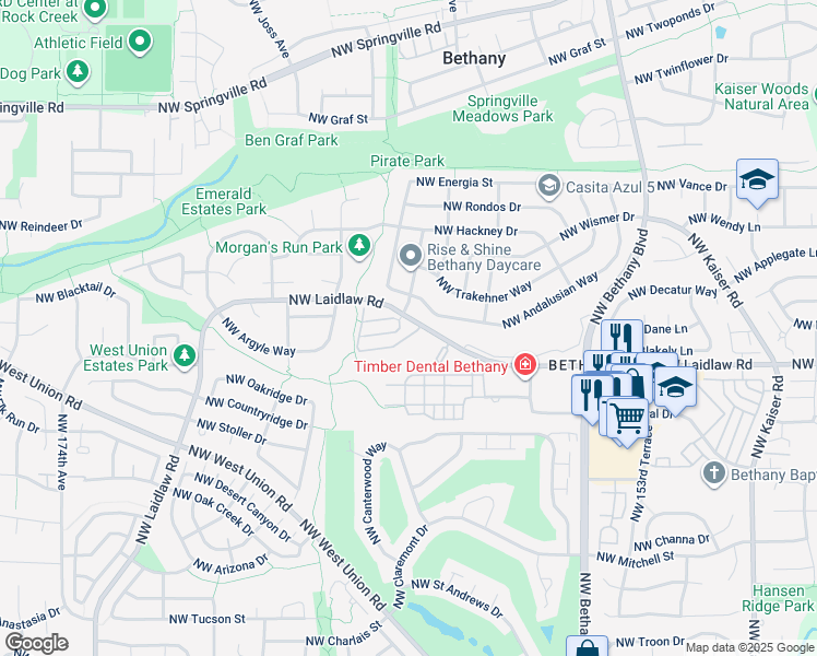 map of restaurants, bars, coffee shops, grocery stores, and more near 16145 Northwest Spartan Way in Portland