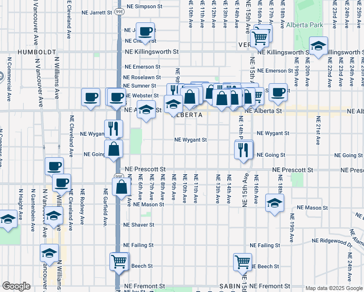 map of restaurants, bars, coffee shops, grocery stores, and more near 4705 Northeast 10th Avenue in Portland