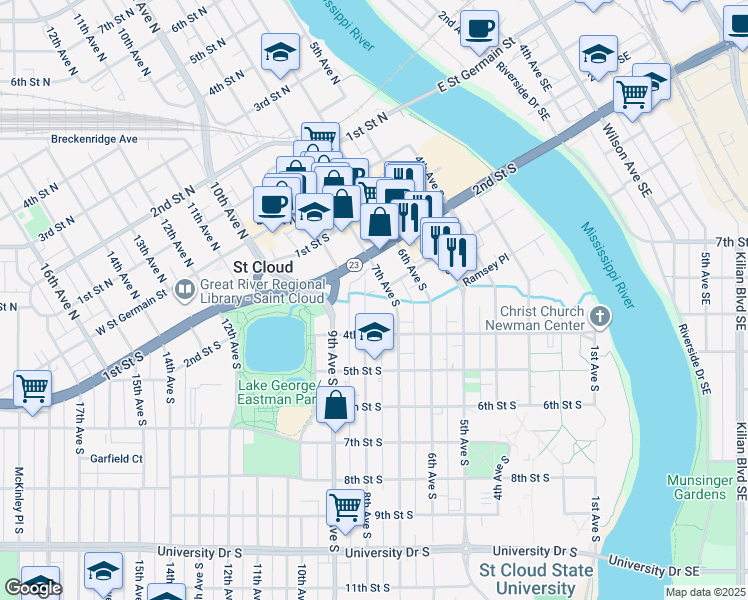 map of restaurants, bars, coffee shops, grocery stores, and more near 302 8th Avenue South in St. Cloud