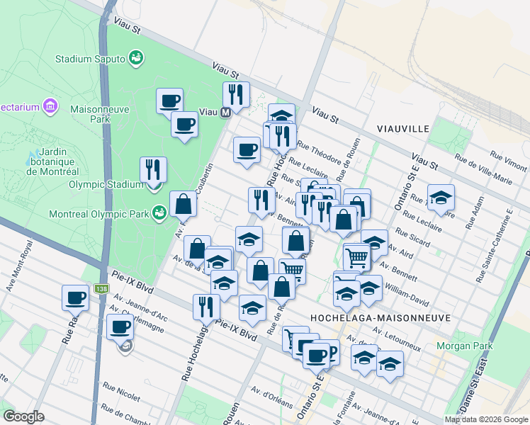 map of restaurants, bars, coffee shops, grocery stores, and more near 2370 Avenue Bennett in Montréal