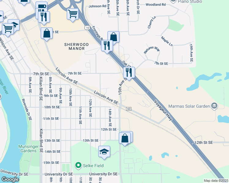 map of restaurants, bars, coffee shops, grocery stores, and more near 845 15th Avenue Southeast in Saint Cloud