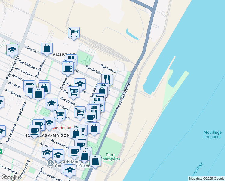map of restaurants, bars, coffee shops, grocery stores, and more near 590 Rue Viau in Montréal