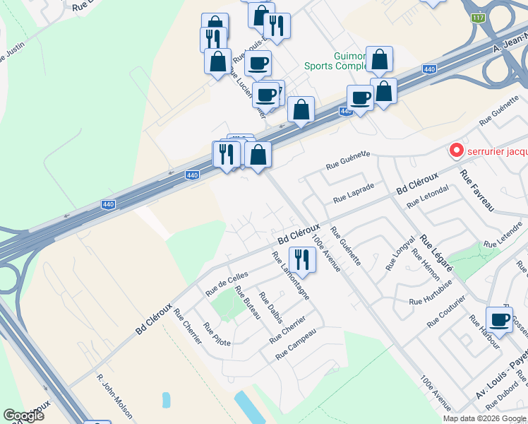map of restaurants, bars, coffee shops, grocery stores, and more near 4771 Boulevard Cléroux in Laval