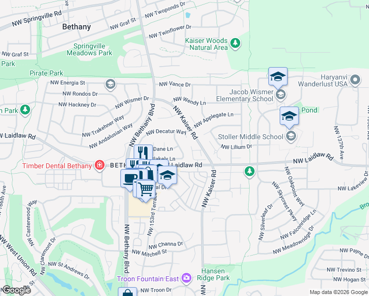 map of restaurants, bars, coffee shops, grocery stores, and more near 15039 Northwest Blakely Lane in Portland