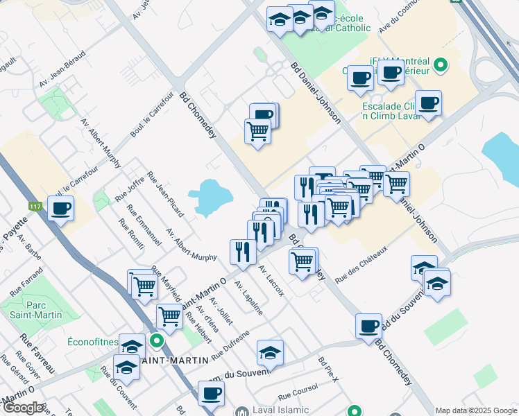 map of restaurants, bars, coffee shops, grocery stores, and more near in Laval