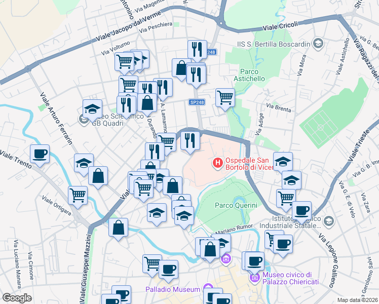map of restaurants, bars, coffee shops, grocery stores, and more near 77 Contrà San Bortolo in Vicenza