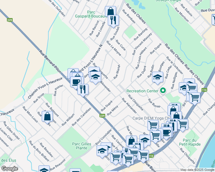 map of restaurants, bars, coffee shops, grocery stores, and more near 845 Rue Alexander in Beloeil