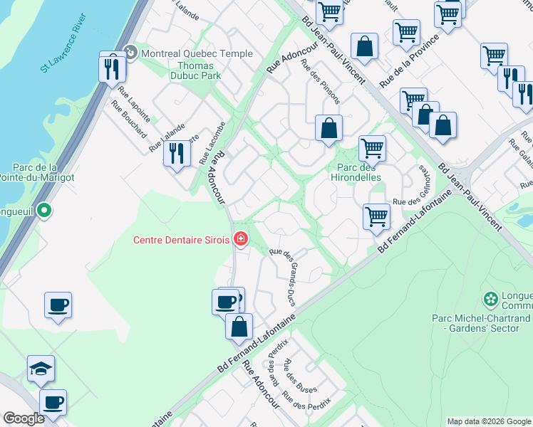 map of restaurants, bars, coffee shops, grocery stores, and more near 848 Rue des Roselins in Longueuil