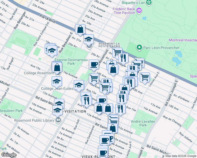 map of restaurants, bars, coffee shops, grocery stores, and more near 5739 17e Avenue in Montréal