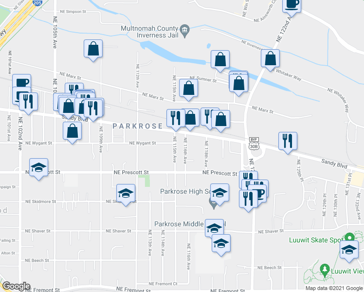 map of restaurants, bars, coffee shops, grocery stores, and more near 4610 Northeast 115th Avenue in Portland