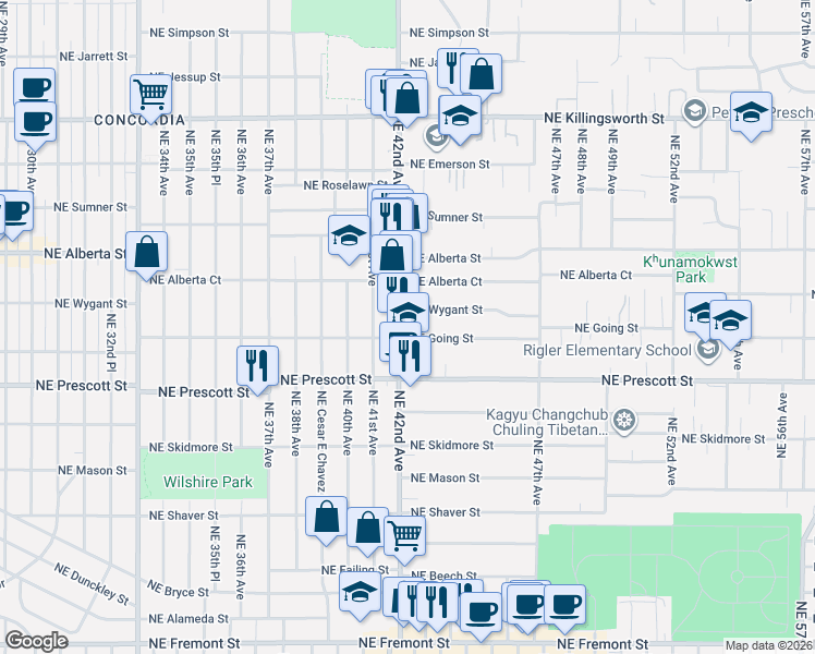 map of restaurants, bars, coffee shops, grocery stores, and more near 4610 Northeast 42nd Avenue in Portland