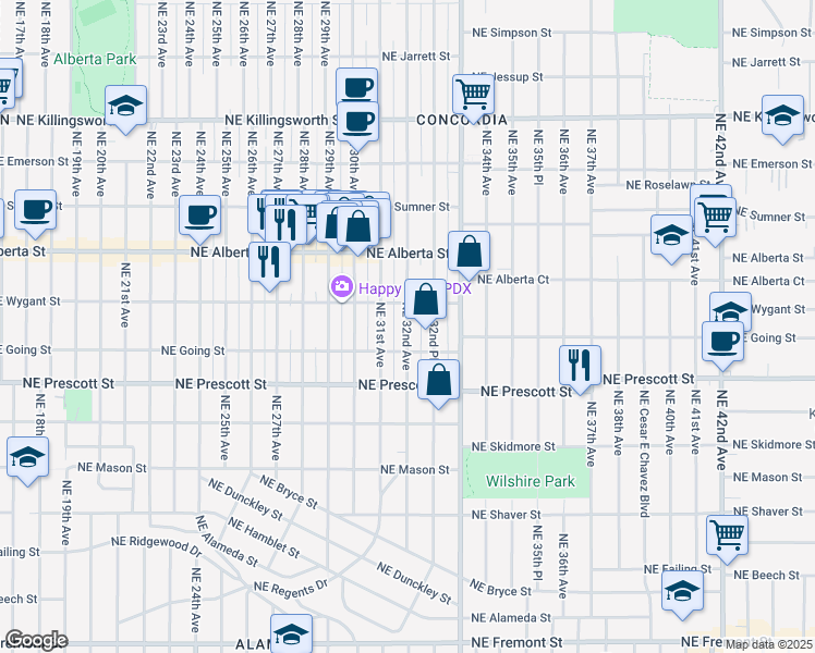 map of restaurants, bars, coffee shops, grocery stores, and more near 4602 Northeast 32nd Avenue in Portland