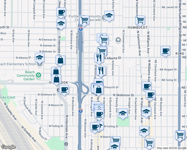 map of restaurants, bars, coffee shops, grocery stores, and more near 4615 North Mississippi Avenue in Portland