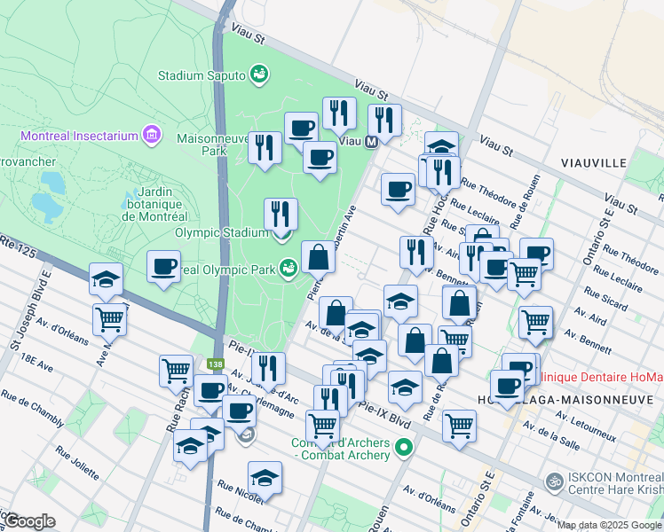map of restaurants, bars, coffee shops, grocery stores, and more near 4338A Avenue Pierre-De Coubertin in Montréal